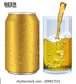Aluminum cans, glass of beer with drops. Vector illustration 