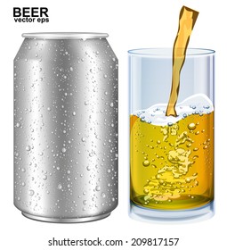 Aluminum cans, glass of beer with drops. Vector illustration 