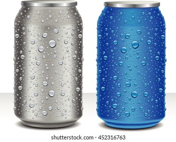 Aluminum Cans in grey and blue with fresh water drops