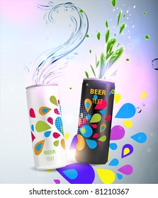 Aluminum cans with liquid and colorful background