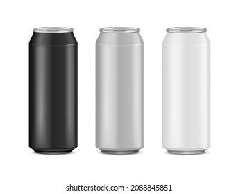Aluminum cans mock up presentation design. Realistic isolated on white background. Template for beer, alcohol, soda, energy drink. 3D Vector EPS10.