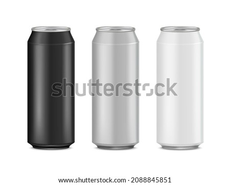 Aluminum cans mock up presentation design. Realistic isolated on white background. Template for beer, alcohol, soda, energy drink. 3D Vector EPS10.