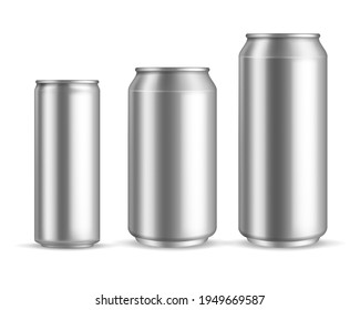 Aluminum Cans Realistic. Metallic Blank Beer Or Soda, Water Or Juice Can, Silver Empty Drink Packaging 300 330 500 Ml. Marketing Branding Container Mockup Collection. Vector Isolated Set