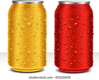 Aluminum Cans in red and gold with fresh water drops