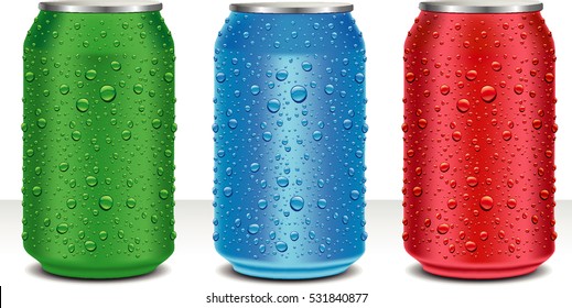 Aluminum Cans in red,green,blue with fresh water drops - Shutterstock ID 531840877