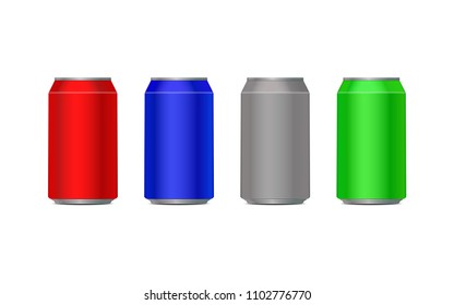 Aluminum Cans in red,green,blue and silver, vector drink tin cans, aluminum colorful containers isolated on white background.