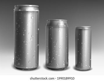 Aluminum cans with water drops isolated on gray background. Metal drink bottles for energy drink, soda beverages or beer. Silver empty mockup models with cold condensation for brand design template.