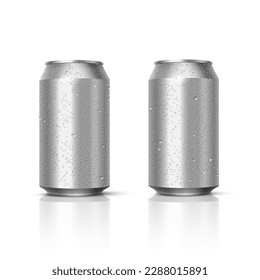 Aluminum cans with water drops isolated on white background. Empty template mockup for beer, alcohol, soft drinks, soda, energy drink. Advertising and presentation vector 3D realistic design elements.