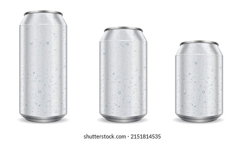 Aluminum cans with water drops realistic design. Blank wet metal silver tin for soda or beer cold drink isolated on white background. Vector mockup