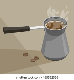 Aluminum Coffee Turk vector illustration; Fresh coffee with coffee beans