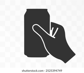 Aluminum drink can in hand icon symbol. Hand holding beer can logo sign. Vector illustration image. Isolated on white background.