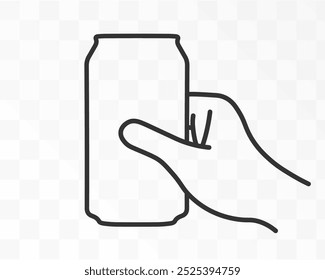 Lata de bebida de aluminio en el símbolo del icono de la mano. Mano que sostiene la muestra del logotipo de la lata de cerveza. Imagen de Ilustración vectorial. Aislado sobre fondo blanco.