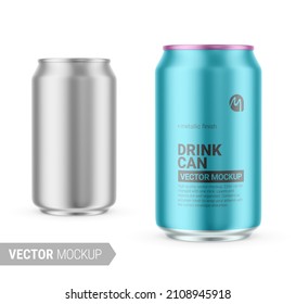 Aluminum drink can with metallic finish. 330 ml. Photo-realistic packaging mockup template with sample design. Contains an accurate mesh to wrap your artwork with the correct envelope distortion.