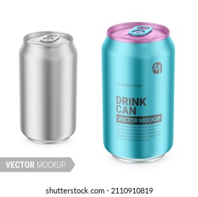 Aluminum drink can with metallic finish. 330 ml. Photo-realistic packaging mockup template with sample design. Contains an accurate mesh to wrap your artwork with the correct envelope distortion.