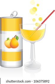 Aluminum Drink Can And Wine Glass With Fruit Juice. Vector