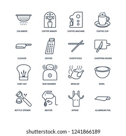 aluminum foil, Apron, beater, Bottle Opener, Bowl, colander, Cleaver, Chef hat, chopsticks outline vector icons from 16 set