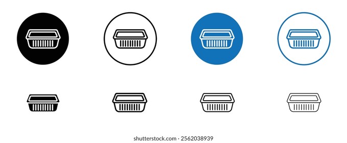 Aluminum foil food container icon set in black and blue colors