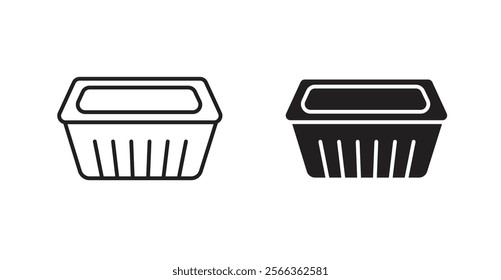 Aluminum foil food container icons in line stroke and flat versions