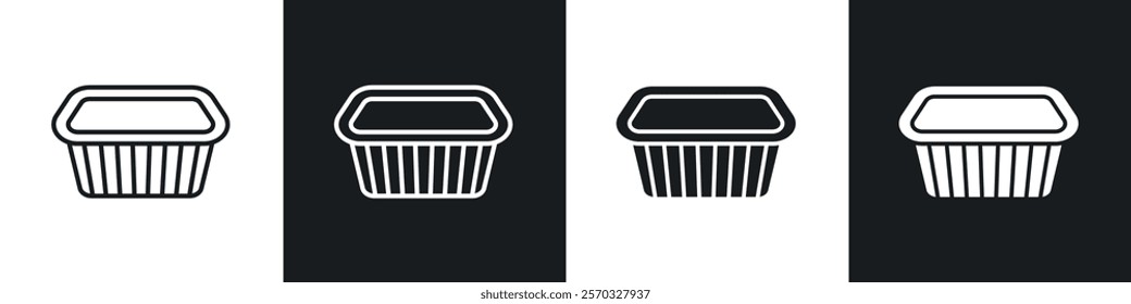 Aluminum foil food container icons vectors set in black. line and flat versions