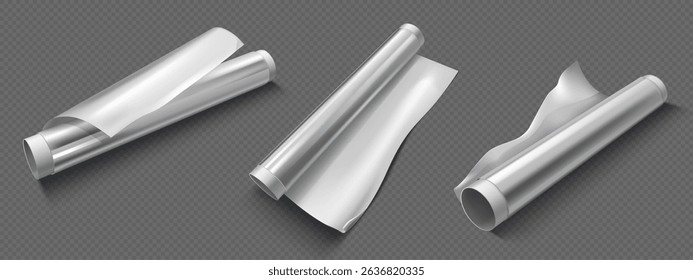 Aluminum foil rolls set isolated on transparent background. Vector realistic illustration of silver paper sheets in tube for cooking, kitchen wrap for food baking, industrial packaging material coil