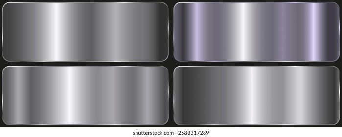 Aluminum foil. silver metal texture gradient background set. Vector shiny metallic gradients for border, frame, ribbon, label design.