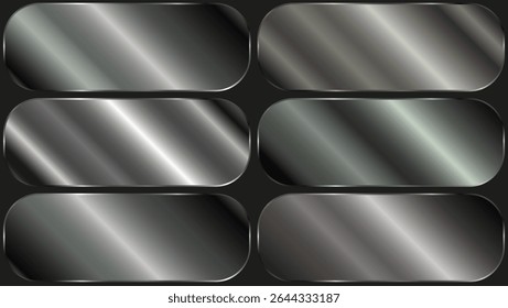 Aluminum foil. silver metal texture gradient background set. Vector shiny metallic gradients for border, frame, ribbon, label design.
