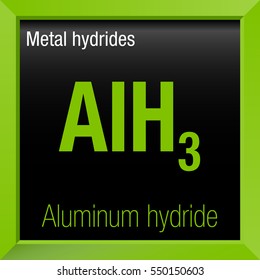 Aluminum hydride chemical formula inside a yellow green square frame with black background