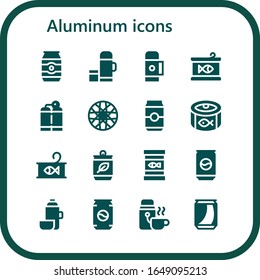 aluminum icon set. 16 filled aluminum icons. Included Can, Thermo, Canned food, Oxygen tank, Spoke wheel icons