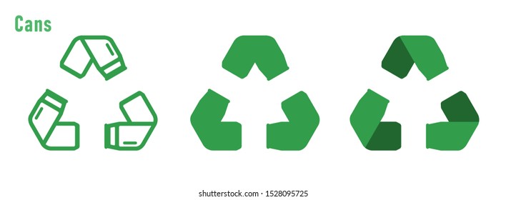Aluminum metal cans form mobius loop or recycle symbol with arrows. Aluminum cans use concept. Set of recycling icons in different sytles - outline, glyph and flat. Vector illustration