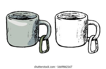 Aluminum mug for camping with a carabiner. Hand drawn vector illustration. Set of contour and color drawing isolated on white. Doodle element for design, print, sticker. Vintage, ink sketch, realistic