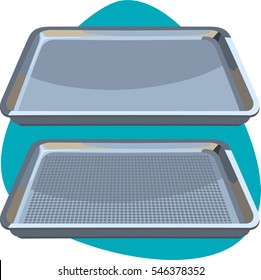 Aluminum perforated bun sheet pan. Tool for baking pastry, cookies, cakes and other food in oven. Isolated. On aquamarine background.