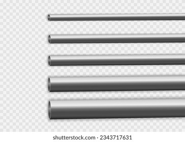 Aluminum pipes stack, straight steel, copper, metal or pvc plumbing cylinders on background. Industrial pieces of pipelines for conduit, factory or construction works. Steel tubes vector design.