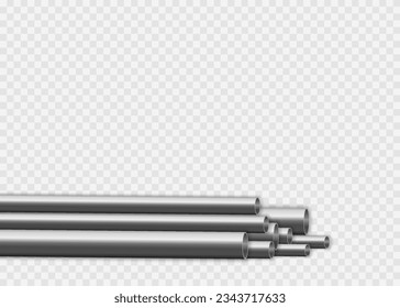 Aluminum pipes stack, straight steel, copper, metal or pvc plumbing cylinders on background. Industrial pieces of pipelines for conduit, factory or construction works. Steel tubes vector design.