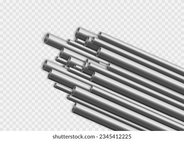 Aluminum pipes stack, straight steel, copper, metal or pvc plumbing cylinders on background. Industrial pieces of pipelines for conduit, factory or construction works. Steel tubes vector design.