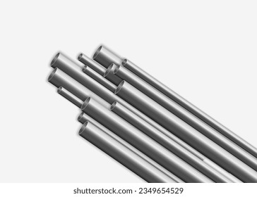 Pipes de aluminio, cilindros de plomería de acero recto, cobre, metal o pvc sobre fondo blanco. Piezas industriales de gasoductos para conductos, fábricas o obras de construcción. Diseño vectorial de tubos de acero.