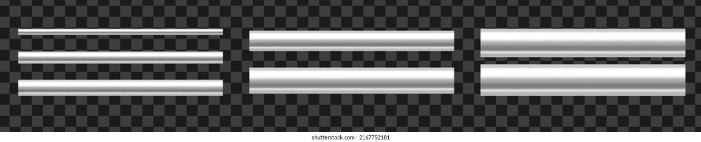 Aluminum pipes of various diameters. Realistic vector illustration isolated on transparent background. Banner.