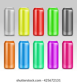 Aluminum realistic colored vector drink cans. Aluminum color container for water or beer, colored aluminum cans beverage illustration