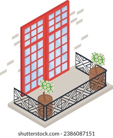 aluminum red grid pattern window with flowers isometric Concept Vector color Icon Design, balcony front view symbol, House exterior  idea with  vintage and classic balconies facade stock illustration