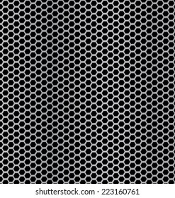 aluminum Technology background with black hexagon perforated carbon speaker grill texture vector illustration