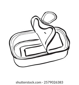 Aluminum tin can drawing for sardines and tuna. Vector doodle of a rectangular metal container with an open lid, isolated on a white background.