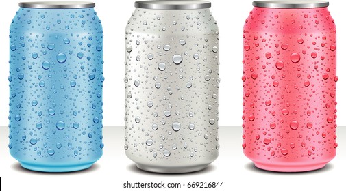 Aluminum Tin Cans in white, pink, light blue with fresh water drops