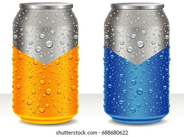 Aluminum Tin Cans in yellow and blue with many water drops