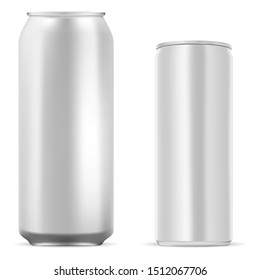 Aluminum tin. Energy drink can mockup. Juice, soda, beer jar blank isolated on white background. Realistic stainless steel product package for water or lemonade. Unbranded drew mock up