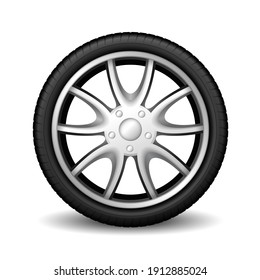 Aluminum Wheel Car Tire Racing On White Background, Realistic 3d Vehicle Rubber Tire With Glossy Steel Disk Isolated. Vector Illustration