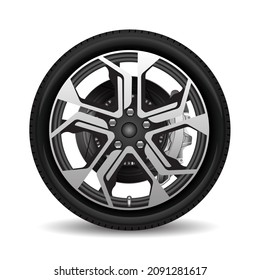 Aluminum wheel car tire style racing black grey disk break on white background vector illustration.
