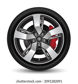 Aluminum wheel car tire style racing grey disk break on white background vector illustration.