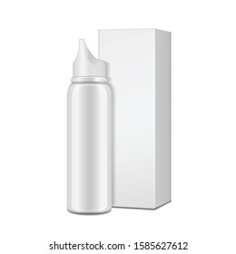 Aluminum white bottle with sprayer for nasal spray with cardboard box. Vector realistic packaging mockup template for your design