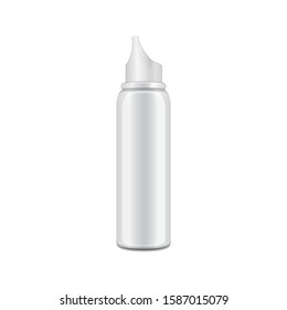 Aluminum white bottle with sprayer for nasal spray. Vector realistic packaging mockup template for your design