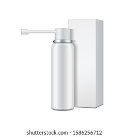 Aluminum white bottle with sprayer for oral spray and cardboard box. Vector realistic packaging mockup template for your design