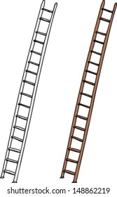 Aluminum and wooden ladders on isolated white background